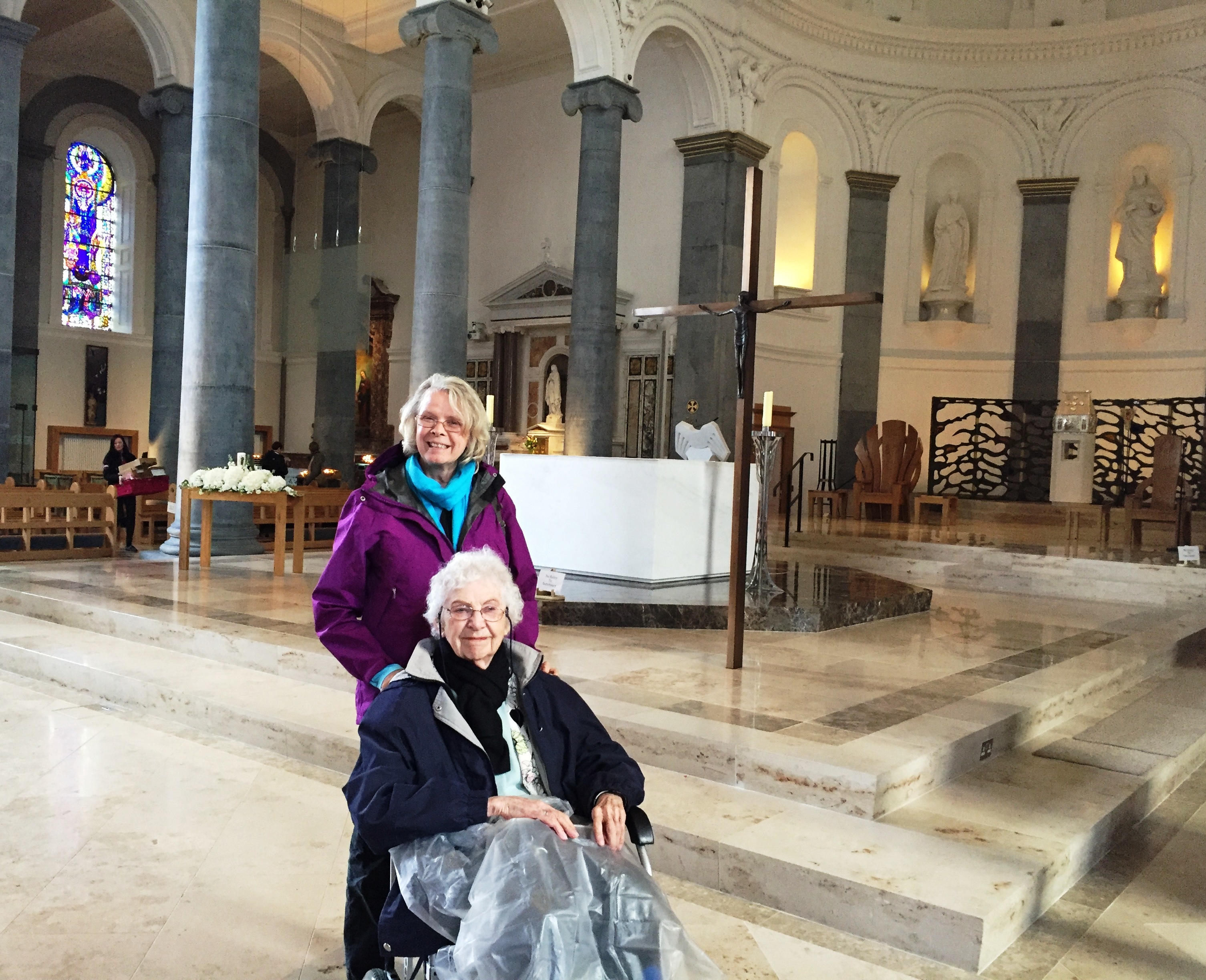 Annis and Roberta in St. Mel's Cathedral in Longford, where we said prayers to remember our Whelan/Wheelan ancestors who came from Co Longford. Photo by Martha Clark.